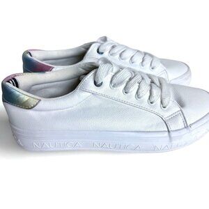 Nautica Women’s White Faux Leather Sneakers Size 4 – Iridescent Heel